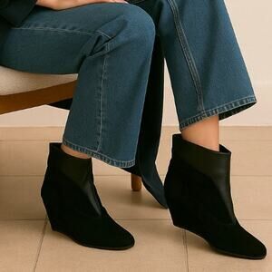 IRO 9 Suede Wedge Heel Leather Ankle Boots Slip On Almond Toe Booties Black 39